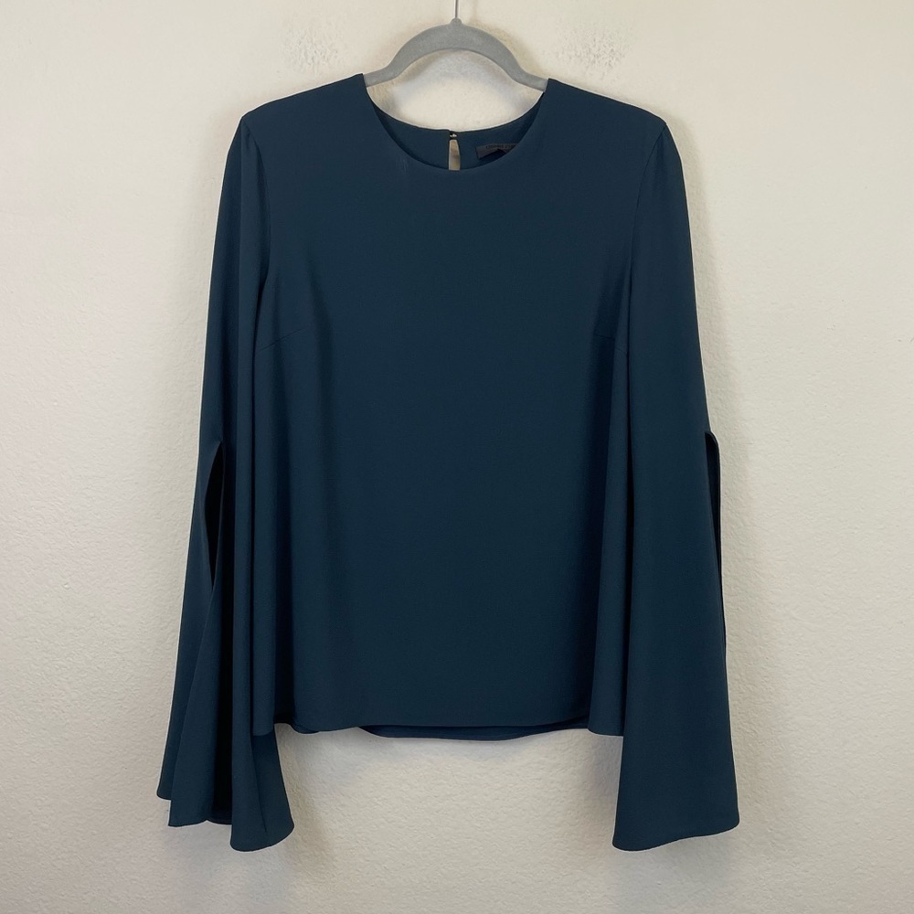 Cushnie et Ochs Dark Teal‎ Long Bell Sleeve Crew Neck Crepe Top Size 10